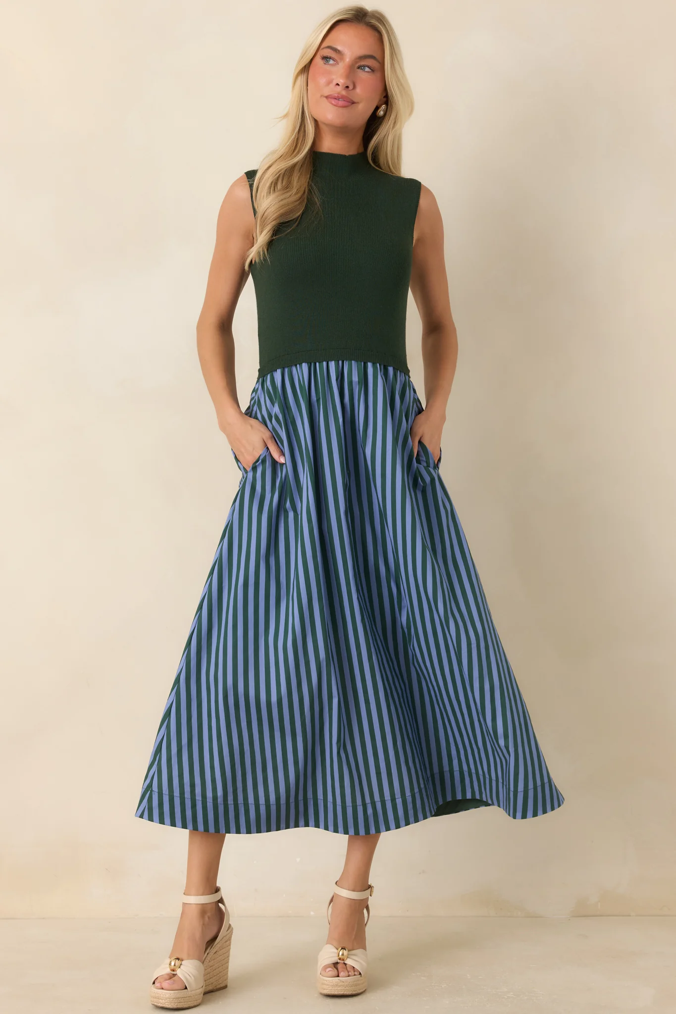 That's More Like It Hunter Green & Light Blue Stripe Sweater Midi Dress