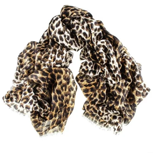 Brown Leopard Print Cashmere and Silk Scarf