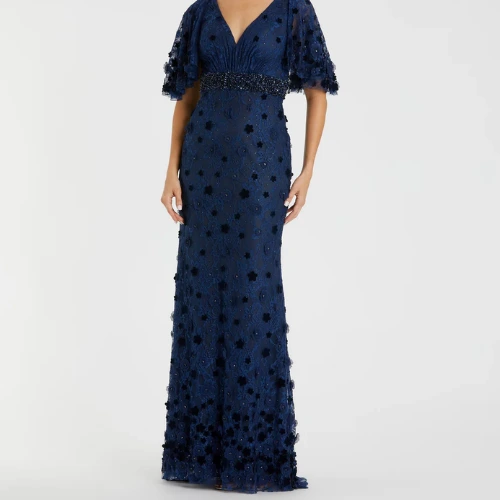 Navy Flutter Sleeve Embellished Lace Gown