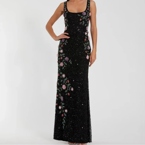 Black Floral Beaded Scoop Neck Sleeveless Gown